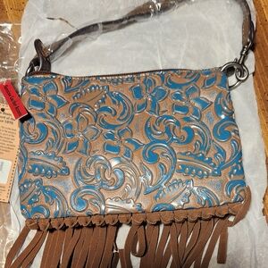 Justin Boots Brown and Blue Embossed Leather Fringe Bag